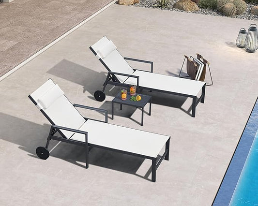 PURPLE LEAF Patio Lounge Chair Set of 3 Outdoor Chaise Lounger Aluminum Frame with Armrest Side Table and Wheels for Pool Outside Sunbathing Tanning Recliner Including Pillows White