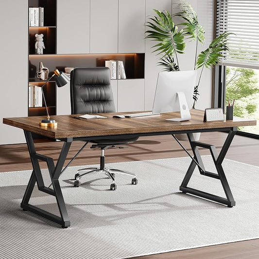 63" Large Executive Desk - Computer Office Desk Workstation, Modern Business Writing Table with Sturdy Metal Legs for Home Office (Dark Walnut/Black)