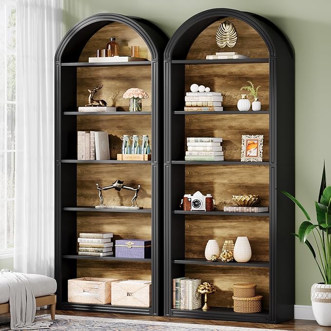Tribesigns 77.16" Tall Arched Bookshelf, 6-Tier White Arched Bookcase with Storage Shelves for Living Room, Bedroom, Set of 2 (Black, 6-Tier)