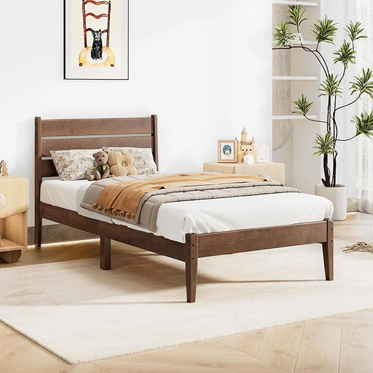 Twin Bed Frame with Ladder Headboard, Malaysian Oak Platform Bed, Modern Malaysian Oak Bed Frames with Wood Foundation, No Box Spring Needed, Easy Installation, Twin Size, Antique Espresso