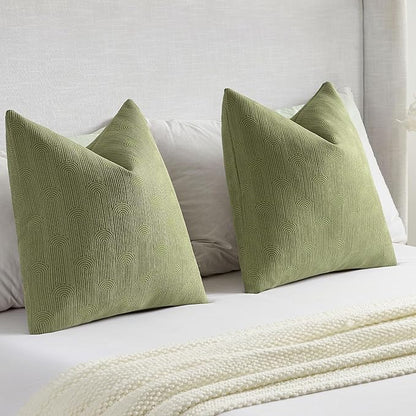 FUTEI Moss Green Chenille Decorative Throw Pillow Covers 18x18 Inch Set of 2,Soft Cozy Striped Geometric Patterns Cushion Case,Modern Home Decor for Couch Bed Living Room