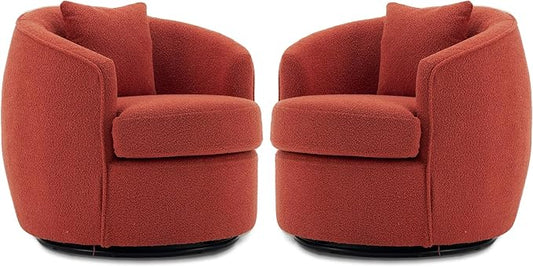 Swivel Accent Chair Set of 2, Modern Upholstered Boucle Barrel Arm Chairs with Pillow for Living Room, 360 Degree Round Swivel Sherpa Armchair with Round Base for Bedroom Club (2, Orange)