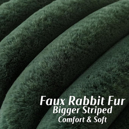 FUTEI Christmas Dark Green Decorative Throw Pillow Covers 12x20 Inch Set of 2, Square Soft Faux Rabbit Fur Thick Striped Lumbar Pillow Case,Winter Home Decor for Couch Bed Living Room