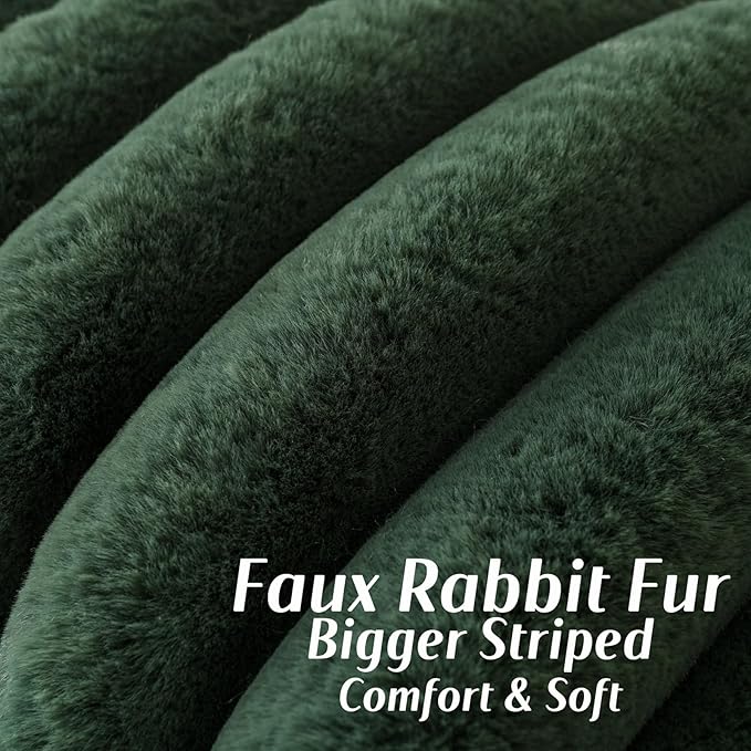 FUTEI Christmas Dark Green Decorative Throw Pillow Covers 22x22 Inch Set of 2, Square Soft Faux Rabbit Fur Thick Striped Cushion Cover,Winter Home Decor for Couch Bed Living Room