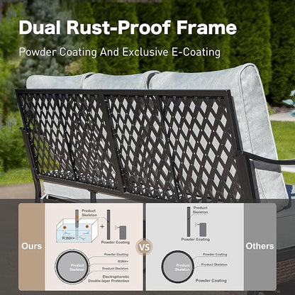 5 Piece Metal Outdoor Patio Furniture Set, Patio Conversation Sets 3-Seater Sofa, 2-Seater Sofa, 2 Rocking Sofa with 5.75" Cushion & Coffee Table Black Backyard Furniture, Light Gray