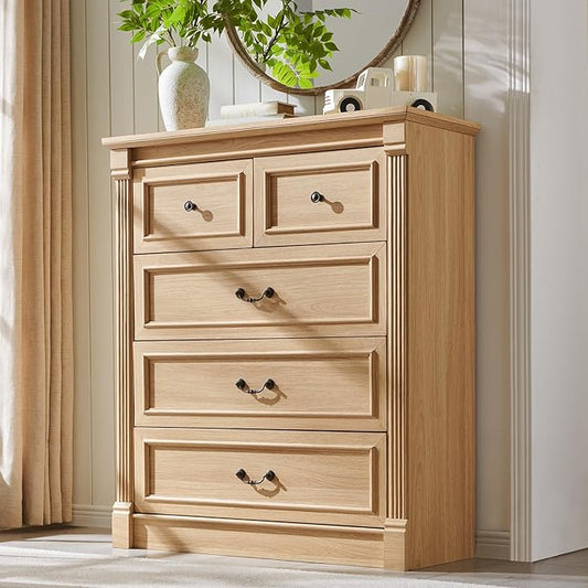 5 Drawers Dresser for Bedroom, Farmhouse 46" Tall Dressers & Chests of Drawers w/Roman Column, Wood Rustic Closet Dresser w/Two Different Drawer Sizes for Bedroom, Living Room, Natrual