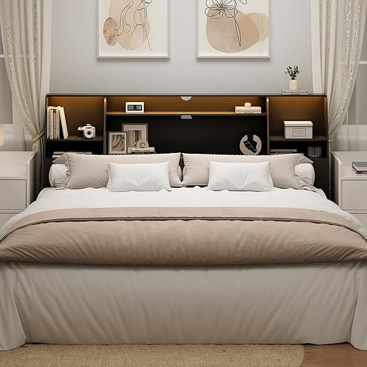 King Size Headboard Only for Bed, Wood Bookcase Headboard with Charging Station & 2 LED Lights, Modern King Bookshelf Headboard with Storage, Noise-Free, Sturdy and Durable, Black