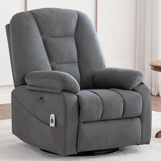 Power Swivel Rocker Recliner with Massage and Heat, USB and Type-C Port, Infinite Position, Electric Glider Rocking Chairs Living Room, Soft Fabric Reclining Sofa Chair (Velvet Grey)