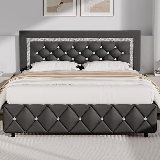 BarnFurin Queen Bed Frame with Diamond Tufted Headboard, Faux Leather Upholstered Bed with Wooden Slats Support, No Box Spring Needed, Mattress Foundation, Easy Assembly, Grey