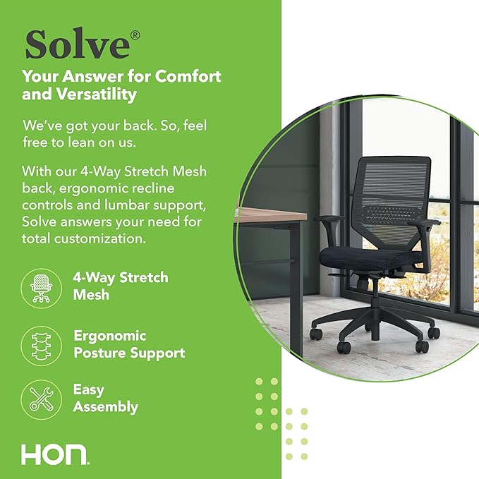 HON Solve Task Chair, Ergonomic Office Chair Mesh Back Support, Adjustable Lumbar Support, with Wheels, Height-Adjustable Arms, for Computers, Desks, Home Office, Blue