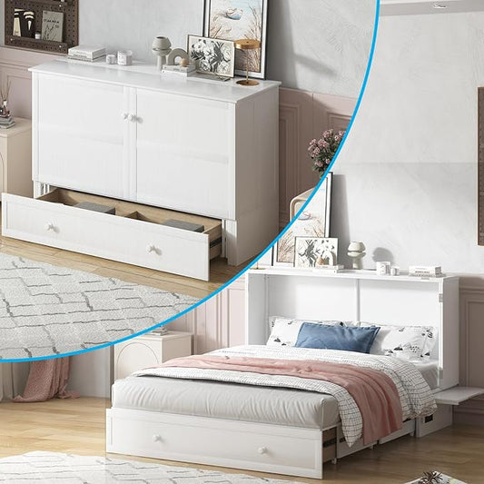 Mjkone Murphy Bed Queen Cabinet Bed with Tri-fold Mattress and Built-in USB Charging & 2 Drawers & Bedside Panel, Hidden Guest Beds, Murphy Cube Chest Cabinet Beds for Bedroom/Apartment - White