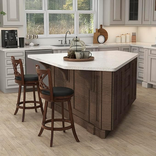 COSTWAY Bar Stool Set of 4 for Kitchen Island, Swivel Upholstered Bar Height Barstools with PU Surface, Rubber Wood Frame, 360° Rotatable Seat, Curved Back, Sturdy Footrest (4, 29" Seat Height)