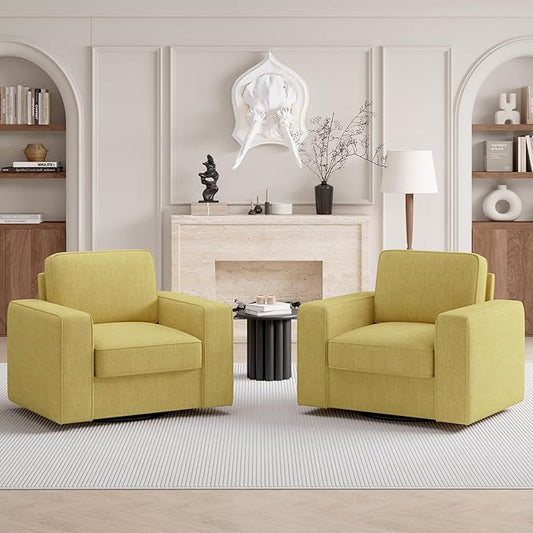 36'' Width Wide Swivel Accent Sofa Chair Set of 2, 360 Degree Rotation Oversized Wingback Armchair Linen Fabric Single Thick Cushion Soft Living Room, Office Yellow