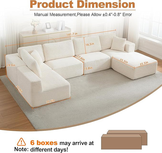 Modular Sectional Cloud Couch for Living Room,Modern Boneless Couche Set with Plush Corduroy,Comfy Floor Sofa with Memory Foam,Stupendous U Shaped Sofa with Ottoman,No Assembly Required,Beige