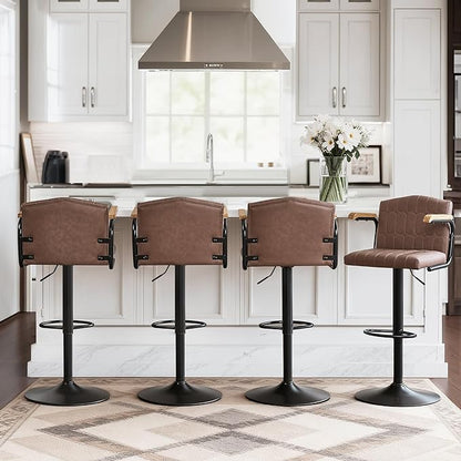 VECELO Bar Stools Set of 4, Adjustable Upholstered Swivel Barstools, Modern Counter Height Bar Stools with Back and Footrest, Island Chairs for Kitchen, Dining Room, Bar