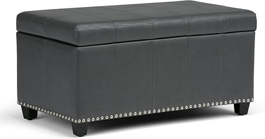 SIMPLIHOME Amelia 33 inch Wide Transitional Rectangle Storage Ottoman Bench in Stone Grey Vegan Faux Leather, Assembled, For the Living Room, Entryway and Family Room