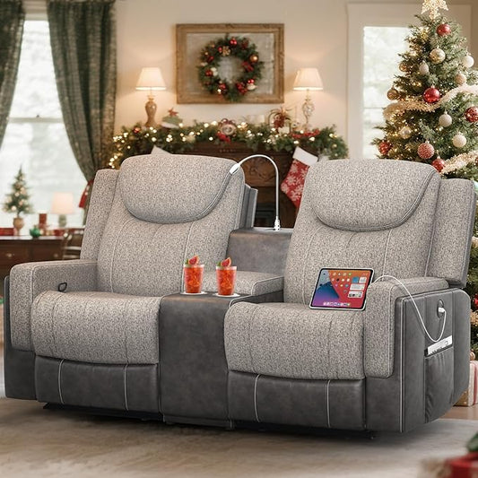 Loveseat Recliner Sofa, Manual Double Recliner with Storage Console, Cup Holder, USB Port & Reading Light, Grey Linen & PU Leather Manual Reclining Couch for Living Room, RV/Theater Seating