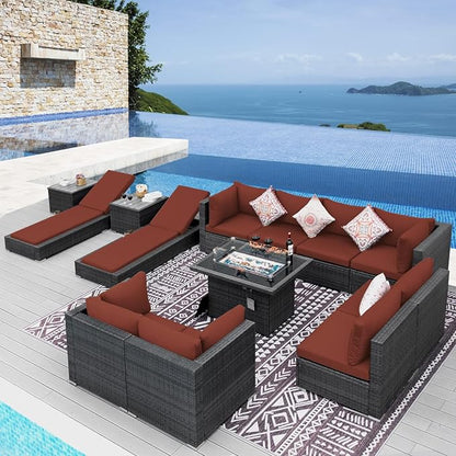 NICESOUL 13 Piece Outside Patio Set with Fire Pit Table, Non-Fading All Weather Deck Furniture Sets with Sun Loungers, Comfy Big Exterior Seat 10-Seater for Garden, Grey Wicker & Burgundy Cushion