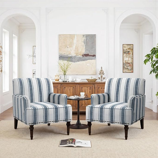 Pia Ricco Stripe Accent Chairs 2 Pack - Modern Nailhead Trim Armchairs with Wood Legs, Comfy Living Room Bedroom Home Office Seating-Blue
