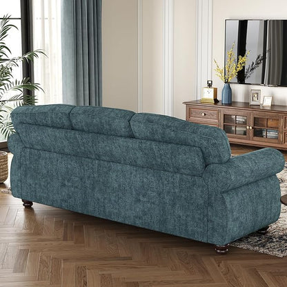ONBRILL 90 Inch Nailhead Trim Couch for Living Room, 23 Inch Deep Seat Rolled Arm Sofa, Comfy Upholstered 3 Seater Chenille Couch w/Wooden Leg, Large Traditional Sofa for Farmhouse, Teal