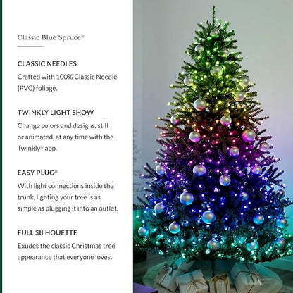 Balsam Hill 6.5ft Pre-Lit Classic Blue Spruce Artificial Christmas Tree with 2,144+ Tips, 330 Twinkly LED Smart Lights, Easy Plug Technology & Premium Stand for Indoor Holiday Decorating