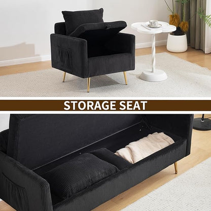 Furnimart 3-Seater Storage Sofa and Couch, Corduroy Loveseat with Accent Single Chair, Small Living Room Furniture Set for Apartment, Tiny Homes and Lofts, 2PC-Black