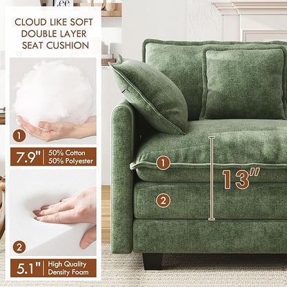 WorthFurni 111.4” Cloud Couch, Modular Sectional Sofa, Comfy Modern 3-Seater Couches with Pillows & Upholstered Deep Seat Cushion for Living Room Apartment Bedroom (Green)