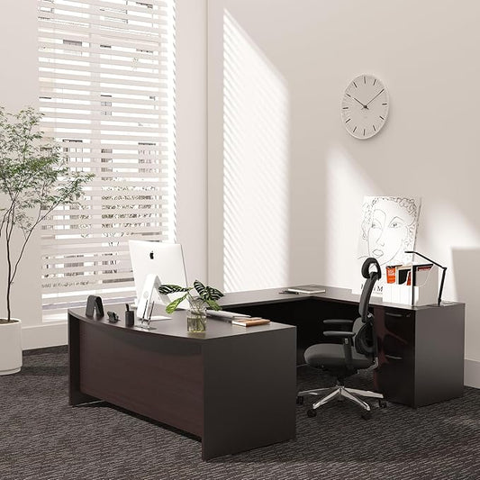 67'' U Shaped Bow Front Executive Desk with 2 Storage File Cabinets