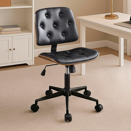 Small Home Office Chair – Armless Mid-Back Desk Chair with PU Leather, Adjustable Height, Swivel Wheels, Modern Walnut Legs for Small Spaces, Black