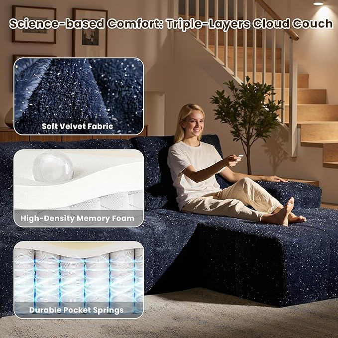114" Glitter Cloud Sectional Couch with L-Shape Chaise, Modern Boneless Couches for Living Room, Fluffy Tufted Deep Seat Modular Sofa in a Box No Assembly