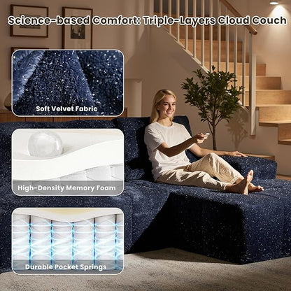 114" Glitter Cloud Sectional Couch with L-Shape Chaise, Modern Boneless Couches for Living Room, Fluffy Tufted Deep Seat Modular Sofa in a Box No Assembly