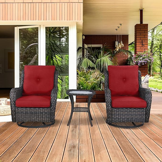 HUMMUH 3-Piece Swivel Rocking Rattan Chair Outdoor, Patio Bistro Furniture Conversation Set, Cushioned Wicker Chair with Glass Coffee Table