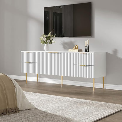 SICOTAS TV Stand for 55/60/65/70 Inch TV - 62 Inch TV Stands for Living Room Entertainment Center with 4 Drawers, Fluted Modern TV Media Console Television Cabinet for Bedroom (White,1 Piece)