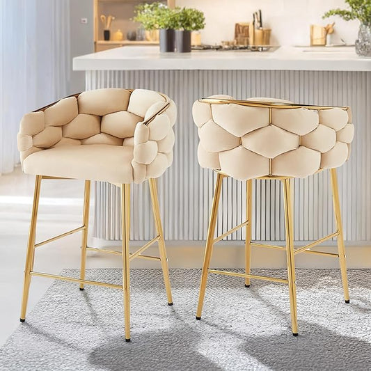 Christopher Knight Home Barrel Counter Stools,Velvet Counter Height Barstools, Modern Luxury Makeup Stool Upholstered Chairs with Gold Legs(Set of 2),Beige