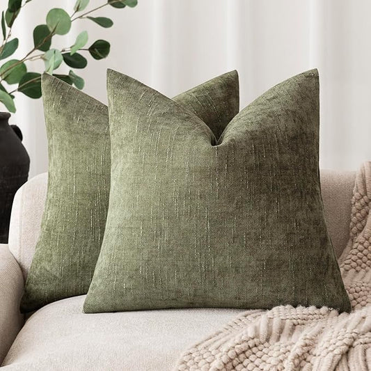 Foindtower Pack of 2 Soft Textured Chenille Throw Decorative Pillow Covers Square Accent Solid Cushion Cover Cozy Neutral Farmhouse Pillow Case for Couch Sofa Bedroom Living Room 18x18 Inch,Dark Green