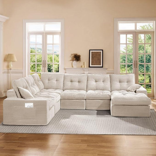 High Back Boneless Couch, Oversized Cloud Couch with Versatile 2-Pack Pillow Blankets, Corduroy Modular Sectional Sofa with Ottoman, No Assemble Sectional Couches for Living Room, Warm White