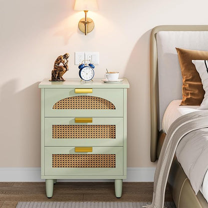 Tribesigns Mint Green Nightstand, 3-Drawer Rattan Night Stand Side Table, Accent Bedside Tables End Table for Bedroom and Small Spaces, Easy Assembly (2, Green)