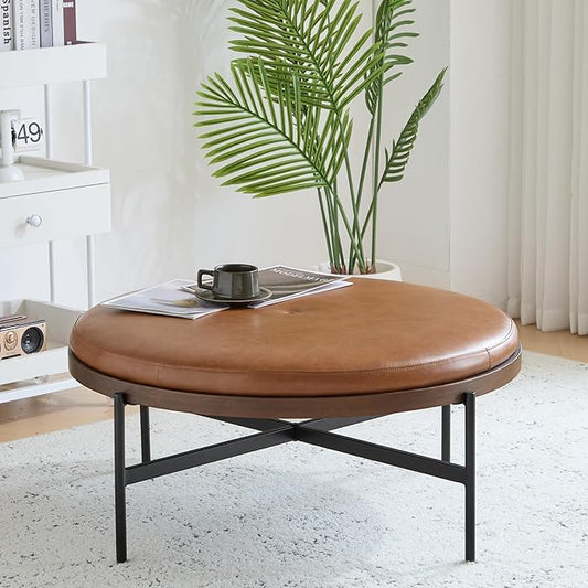 Christopher Knight Home Neapo Round Ottoman, Cocktail Ottoman, Upholstery Coffee Table, X Shape Legs, Comfortable Footstool, Durable Metal Frame, Spacious Seating for Living Room Entryway, Brown+Black