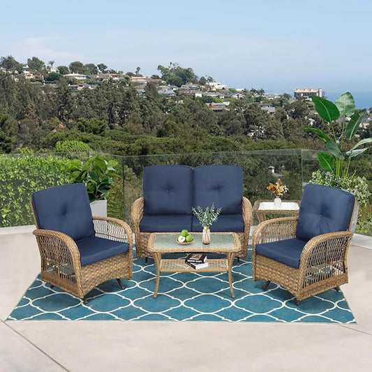 VIVIJASON 5-Piece Outdoor Patio Wicker Conversation Sets, All Weather Outdoor Rattan Furniture Set Includes Glider Loveseat, 2 Coffee Table, 2 Glider Rocker Chairs with Cushions, Navy Blue