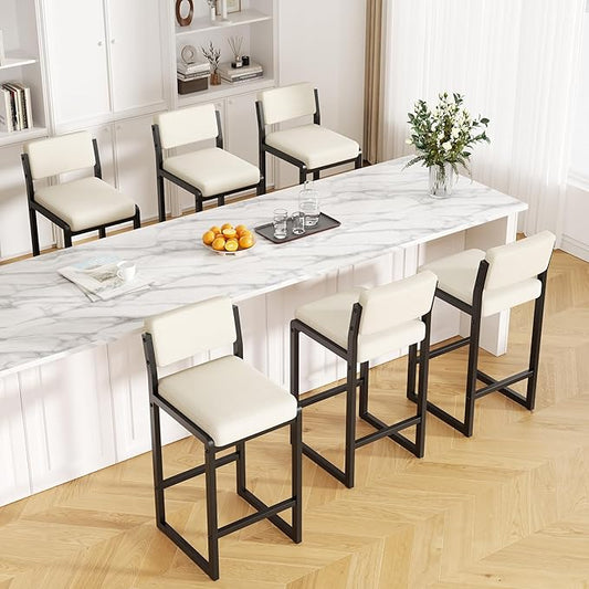 Bar Stools Set of 6, Fabric Counter Height Bar Stools with High Back and Metal Legs, Upholstered Bar Chairs, 26" Modern Barstools for Kitchen Island, Beige