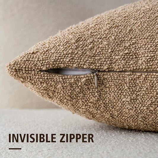 Foindtower Set of 2, Decorative Textured Boucle Throw Pillow Covers Accent Solid Pillow Cases Soft Cozy Couch Cushion Case for Chair Sofa Bedroom Living Room Home Decor 26 x 26 Inch Taupe Khaki Camel
