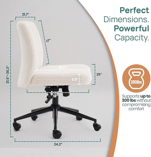 NYPOT Armless Desk Chair with Wheels for Criss Cross Sitting - Cross Legged Wide Armless Chair - Adjustable Vanity 360° Swivel Stool and 120° Rocking Wide Seat Comfy for Home and Office, White Sherpa