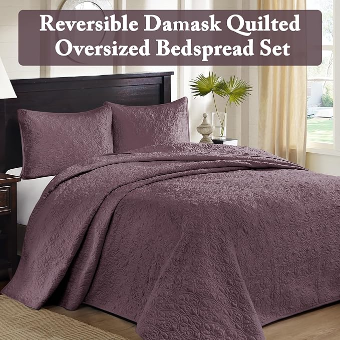Madison Park Quebec Reversible Damask Design, Double Sided Quilting All Season, Lightweight Coverlet Bedspread Bedding Set, Matching Shams, King(120"x118"), Purple