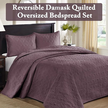 Madison Park Quebec Reversible Damask Design, Double Sided Quilting All Season, Lightweight Coverlet Bedspread Bedding Set, Matching Shams, King(120"x118"), Purple
