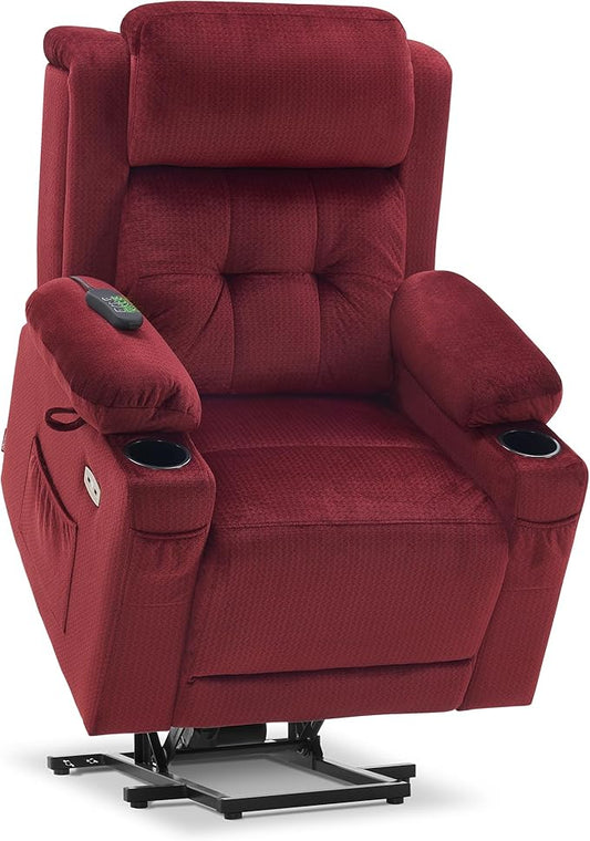MCombo Medium Triple Motor Power Lift Recliner Chair with Massage and Heat for Elderly People, Adjustable Headrest, Infinite Position, USB Ports, Fabric 7661 (Burgundy, Medium)