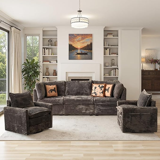 98" Modular Sectional Sofa with Swivel Chairs, Modern Cloud Couch Plush Corduroy 3 Seater Deep Seat Sofas Set & Accent Armchair Set of 2 for Living Room, Gray