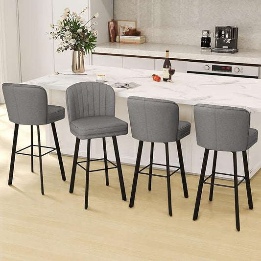 Swivel Counter Height Bar Stools Set of 4, 30'' Modern Barstools with Backs and Metal Legs, Upholstered Bar Chairs,Mid-Gray,Fabric Stools for Kitchen Island Chairs