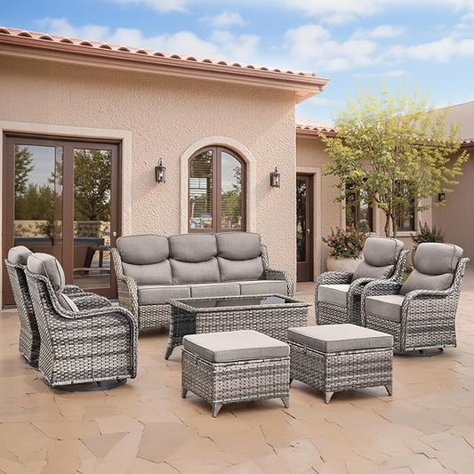 Swivel Patio Chairs sofa Set of 8 with 6" Thick Cushion - Wicker Outdoor Swivel Rocker Patio Chair ,Sofa/Glass coffee table, High Back Comfortable Outdoor Glider Chairs - Gery Wicker | Gery Cushions