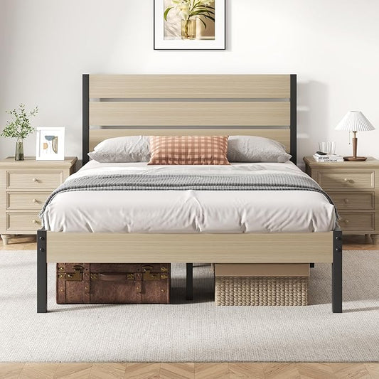 Full Bed Frame with Headboard and Footboard, with Under Bed Storage, All-Metal Support System, No Box Spring Needed, Easy Assembly, Beige