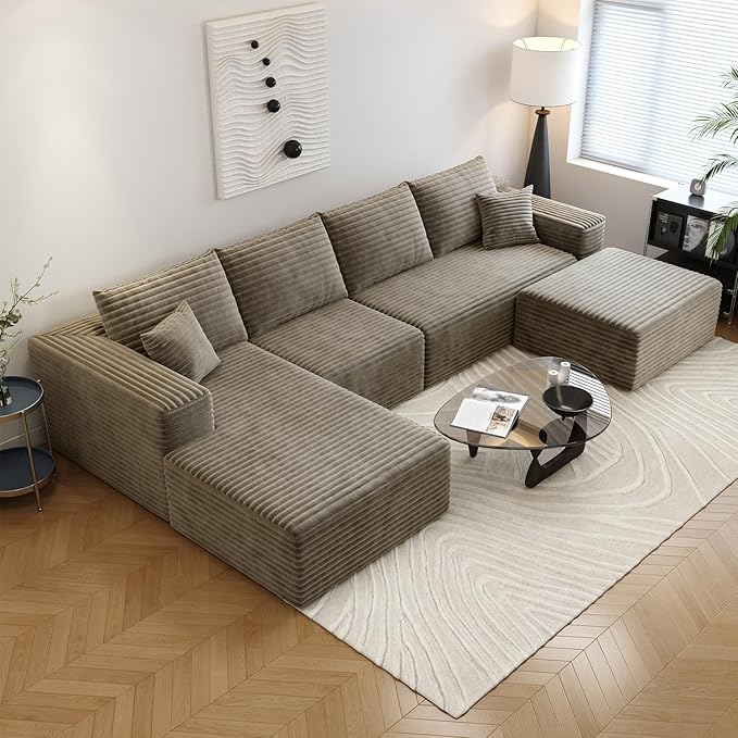 135.4" Cloud Sectional Couch with 1 Ottoman,Modern Modular Sofa with Deep Seat, Comfort U Shaped Sofa Couches for Living Room Bedroom Apartments,No Assembly Required, (Camel,Left Facing Chaise)